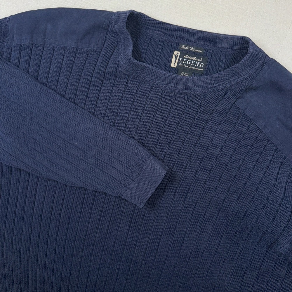 Eddie Bauer Field Sweater Mens XXL Blue Legend Ribbed Cotton Shoulder Patch UK